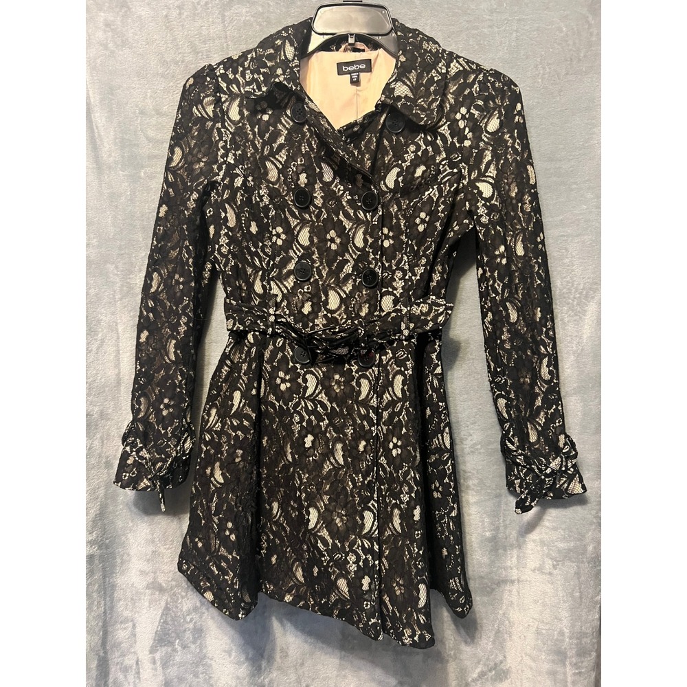 bebe Black Lace Trench Coat XS Corset Back Fit Flare Goth Romantic Y2K